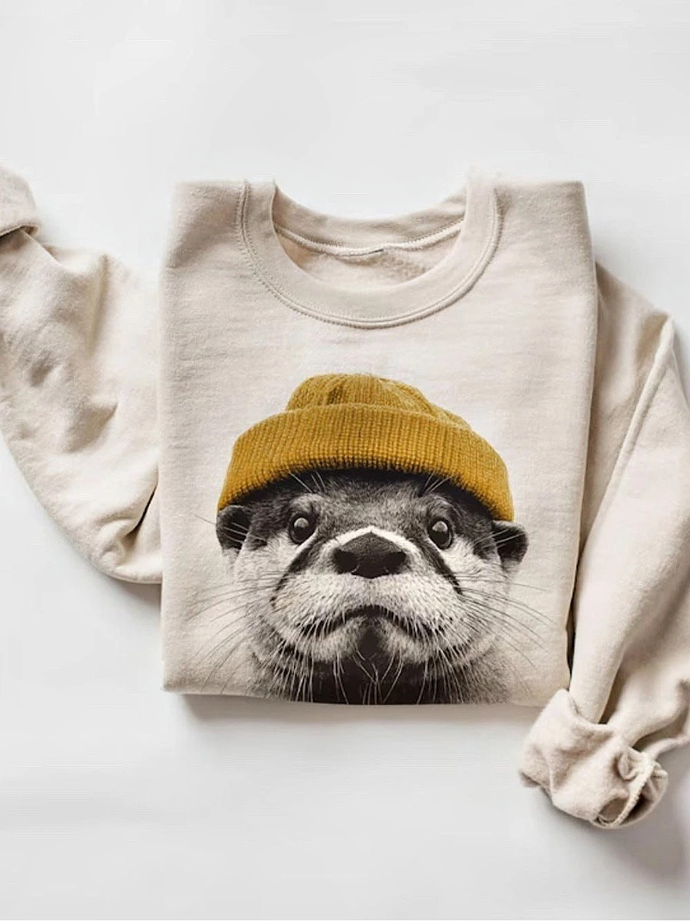Vintage Funny Raccoon Graphic Crewneck Sweatshirt in Sand For Unisex